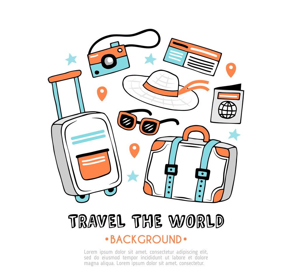 卡通旅行旅游必需品 免費(fèi)PSD模板，1200像素高質(zhì)量素材